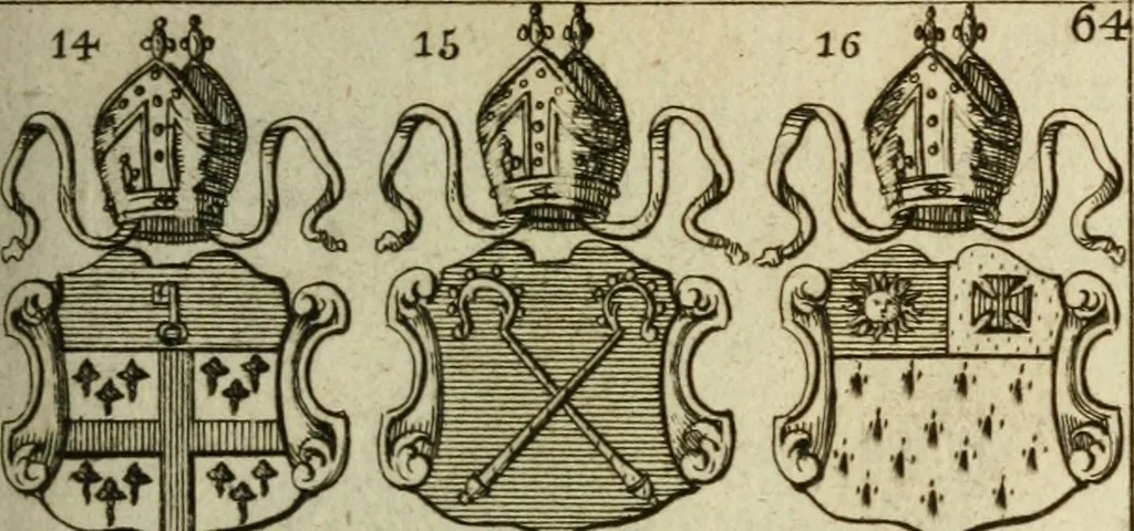 An illustration from The Irish compendium; or, Rudiments of honour. Containing the descents, marriages, issue, titles, posts, and seats of all the nobility of Ireland; with their arms, crests, supporters, mottos and Parliament robes ... Also a supplement, shewing the antiquity, dignity, and use of armories .., 1745, leaf 80