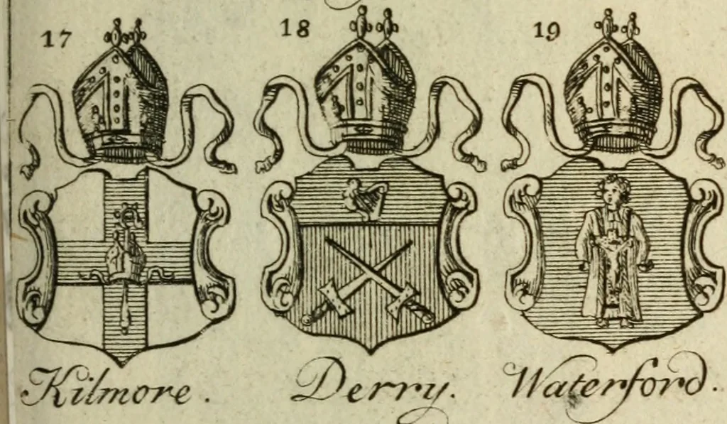 An illustration from The Irish compendium; or, Rudiments of honour. Containing the descents, marriages, issue, titles, posts, and seats of all the nobility of Ireland; with their arms, crests, supporters, mottos and Parliament robes ... Also a supplement, shewing the antiquity, dignity, and use of armories .., 1745, leaf 80