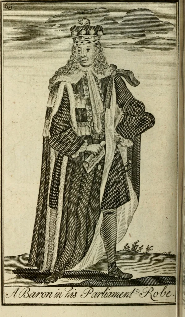 An illustration from The Irish compendium; or, Rudiments of honour. Containing the descents, marriages, issue, titles, posts, and seats of all the nobility of Ireland; with their arms, crests, supporters, mottos and Parliament robes ... Also a supplement, shewing the antiquity, dignity, and use of armories .., 1745, leaf 81