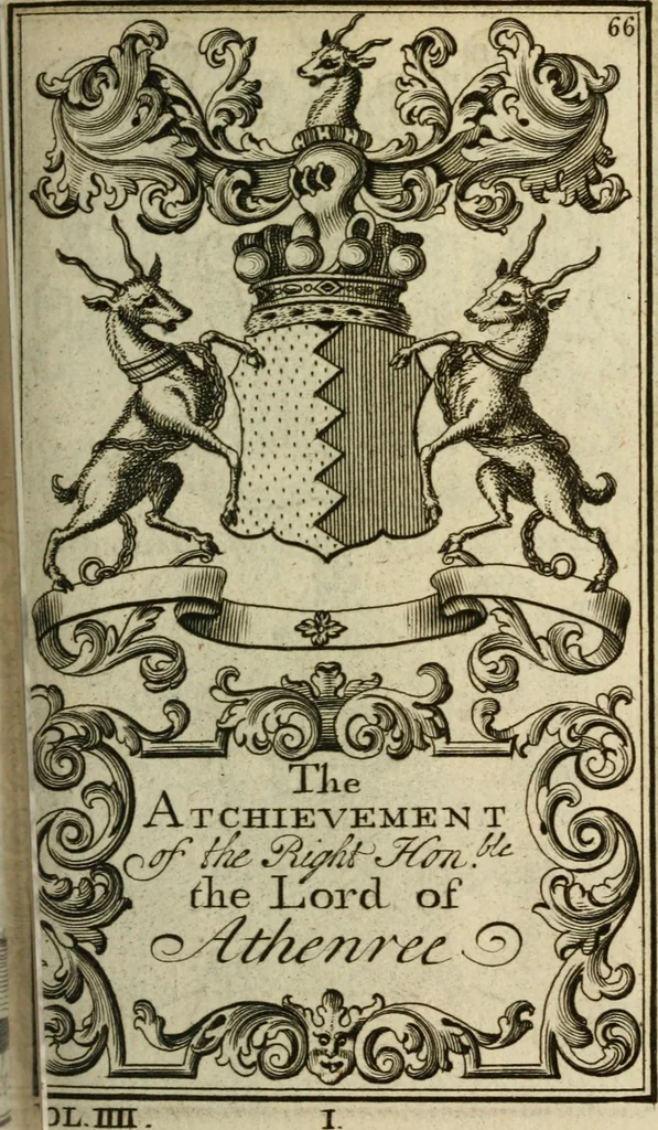 An illustration from The Irish compendium; or, Rudiments of honour. Containing the descents, marriages, issue, titles, posts, and seats of all the nobility of Ireland; with their arms, crests, supporters, mottos and Parliament robes ... Also a supplement, shewing the antiquity, dignity, and use of armories .., 1745, leaf 82