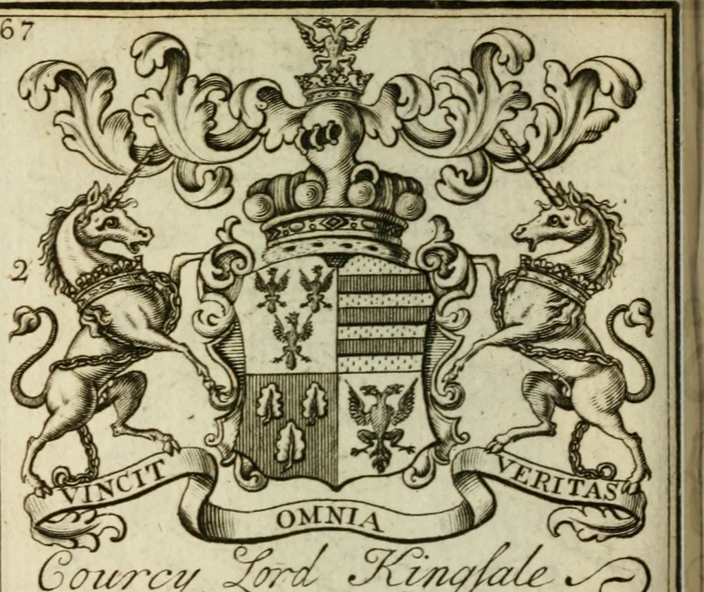 An illustration from The Irish compendium; or, Rudiments of honour. Containing the descents, marriages, issue, titles, posts, and seats of all the nobility of Ireland; with their arms, crests, supporters, mottos and Parliament robes ... Also a supplement, shewing the antiquity, dignity, and use of armories .., 1745, leaf 83