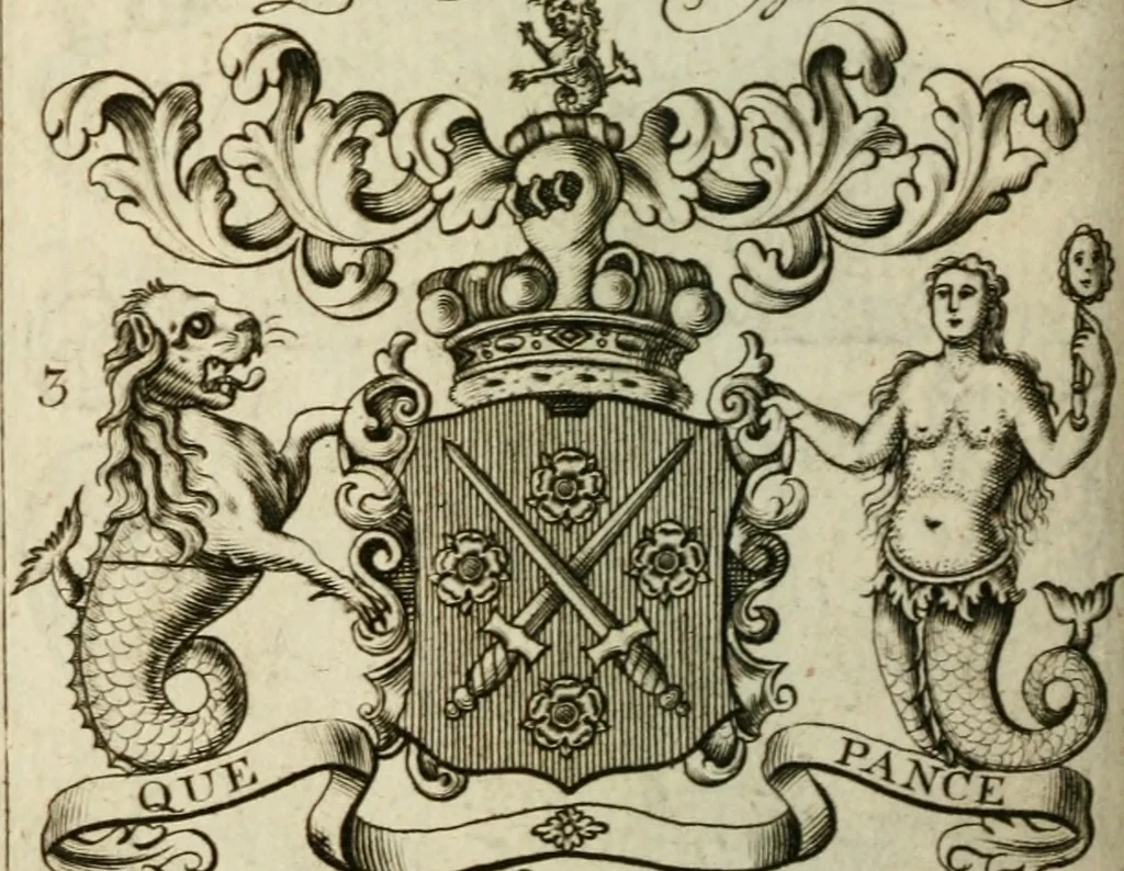 An illustration from The Irish compendium; or, Rudiments of honour. Containing the descents, marriages, issue, titles, posts, and seats of all the nobility of Ireland; with their arms, crests, supporters, mottos and Parliament robes ... Also a supplement, shewing the antiquity, dignity, and use of armories .., 1745, leaf 83