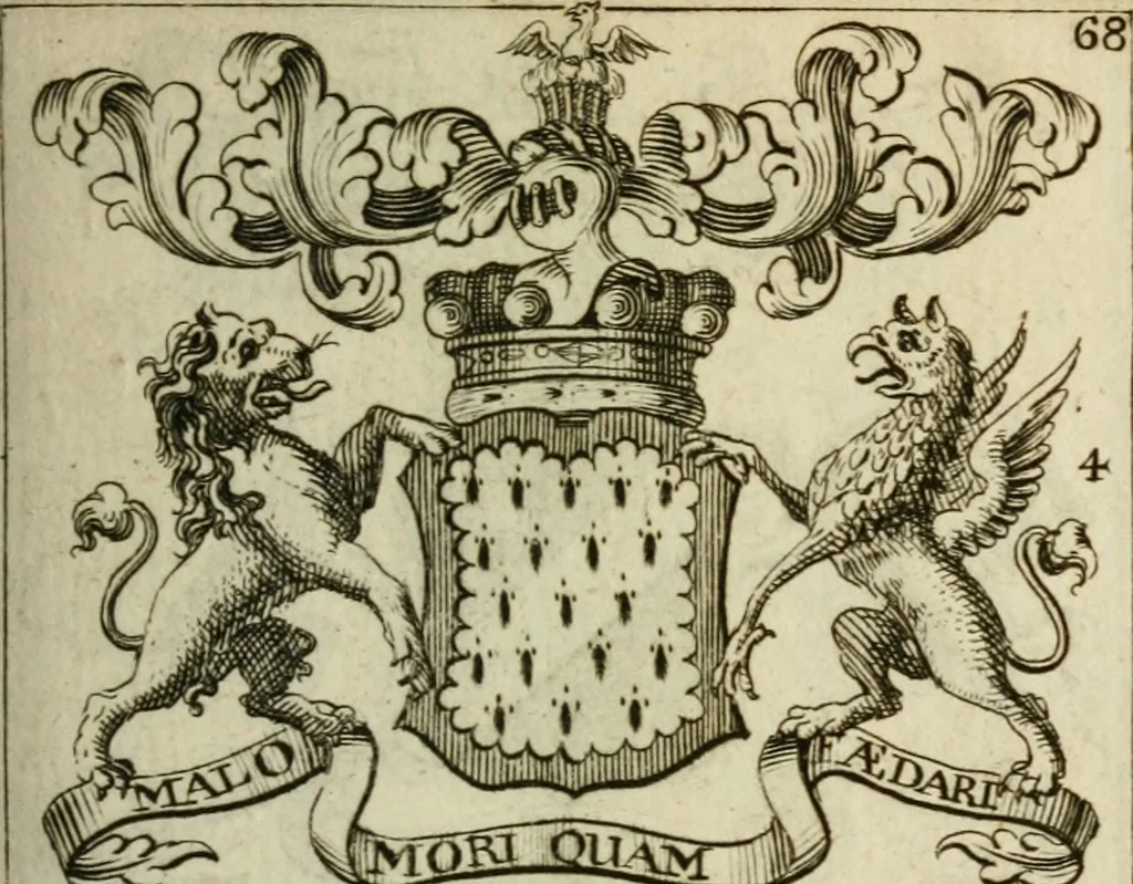 An illustration from The Irish compendium; or, Rudiments of honour. Containing the descents, marriages, issue, titles, posts, and seats of all the nobility of Ireland; with their arms, crests, supporters, mottos and Parliament robes ... Also a supplement, shewing the antiquity, dignity, and use of armories .., 1745, leaf 84