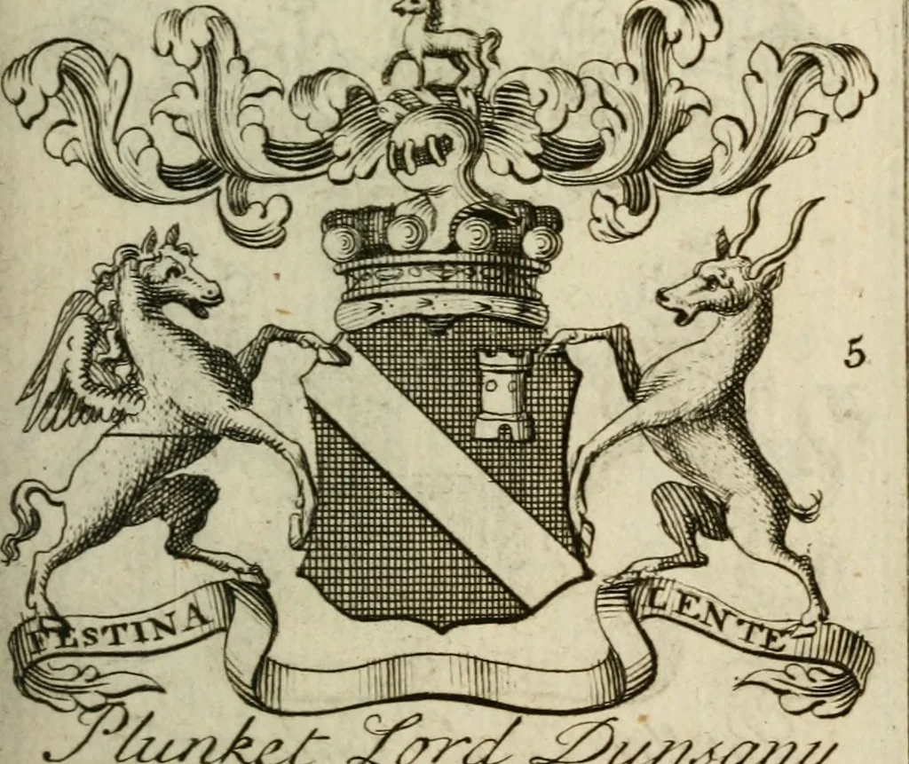 An illustration from The Irish compendium; or, Rudiments of honour. Containing the descents, marriages, issue, titles, posts, and seats of all the nobility of Ireland; with their arms, crests, supporters, mottos and Parliament robes ... Also a supplement, shewing the antiquity, dignity, and use of armories .., 1745, leaf 84