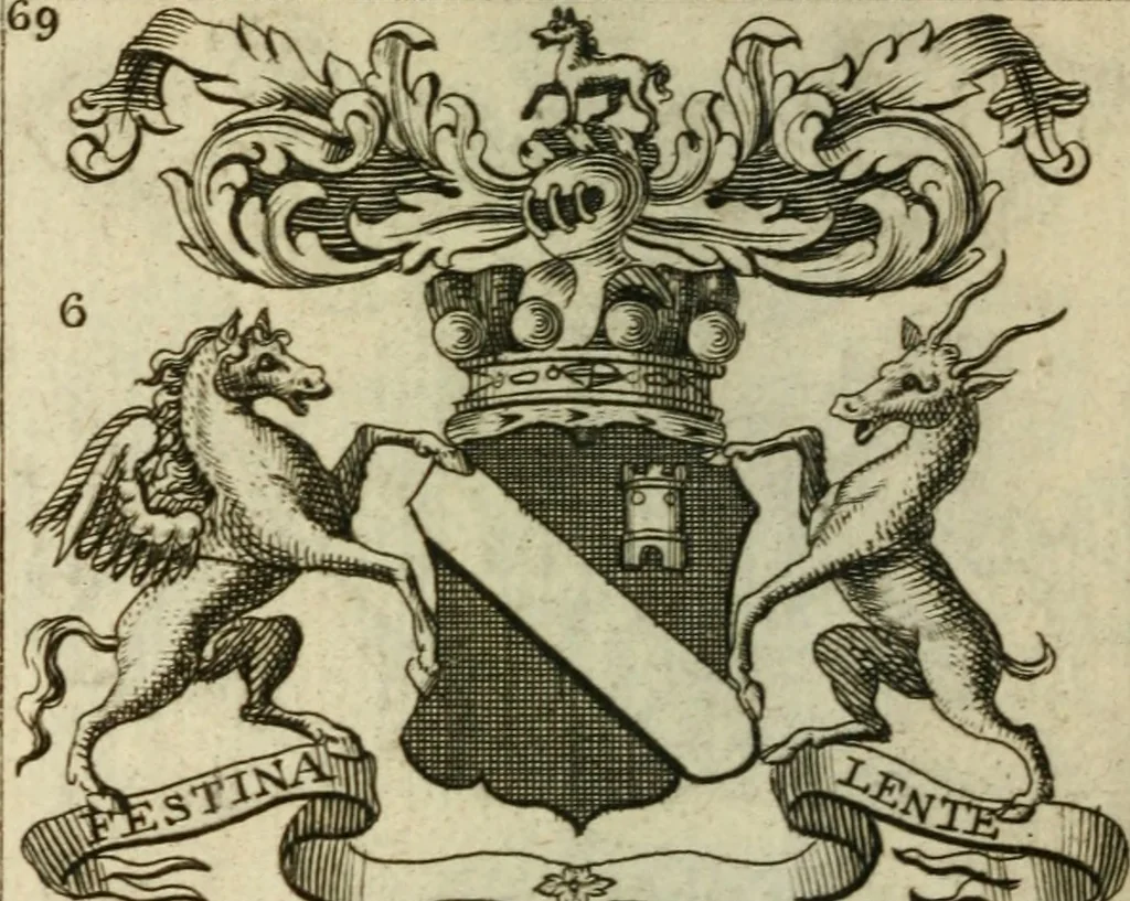 An illustration from The Irish compendium; or, Rudiments of honour. Containing the descents, marriages, issue, titles, posts, and seats of all the nobility of Ireland; with their arms, crests, supporters, mottos and Parliament robes ... Also a supplement, shewing the antiquity, dignity, and use of armories .., 1745, leaf 85