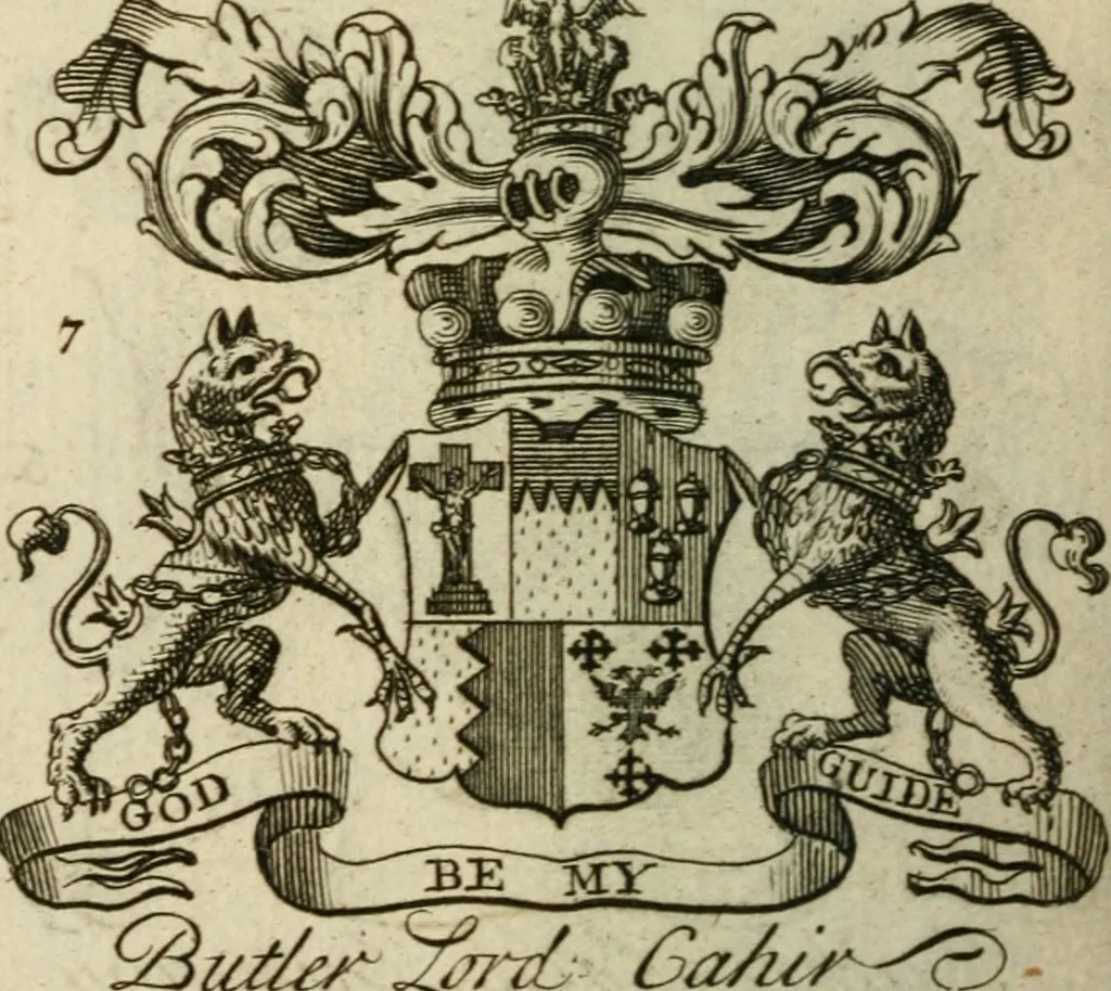 An illustration from The Irish compendium; or, Rudiments of honour. Containing the descents, marriages, issue, titles, posts, and seats of all the nobility of Ireland; with their arms, crests, supporters, mottos and Parliament robes ... Also a supplement, shewing the antiquity, dignity, and use of armories .., 1745, leaf 85