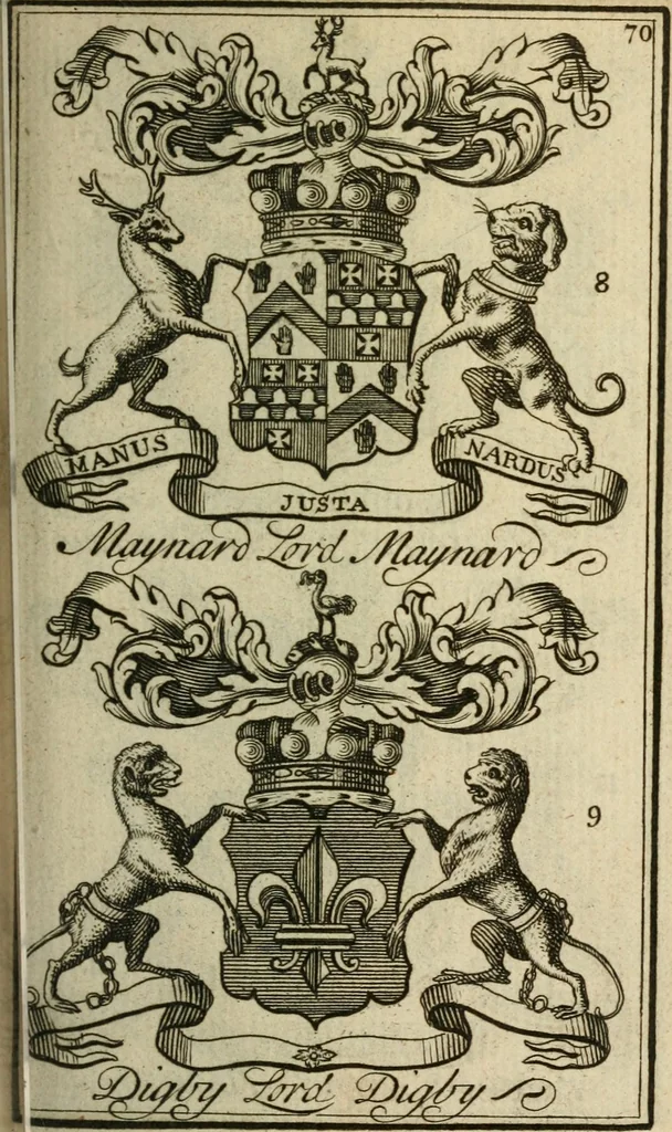 An illustration from The Irish compendium; or, Rudiments of honour. Containing the descents, marriages, issue, titles, posts, and seats of all the nobility of Ireland; with their arms, crests, supporters, mottos and Parliament robes ... Also a supplement, shewing the antiquity, dignity, and use of armories .., 1745, leaf 86