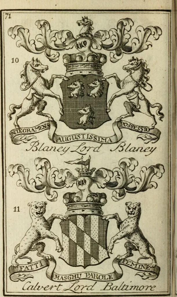 An illustration from The Irish compendium; or, Rudiments of honour. Containing the descents, marriages, issue, titles, posts, and seats of all the nobility of Ireland; with their arms, crests, supporters, mottos and Parliament robes ... Also a supplement, shewing the antiquity, dignity, and use of armories .., 1745, leaf 87