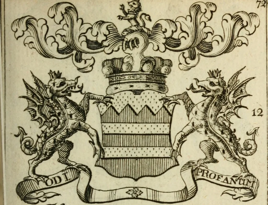 An illustration from The Irish compendium; or, Rudiments of honour. Containing the descents, marriages, issue, titles, posts, and seats of all the nobility of Ireland; with their arms, crests, supporters, mottos and Parliament robes ... Also a supplement, shewing the antiquity, dignity, and use of armories .., 1745, leaf 88