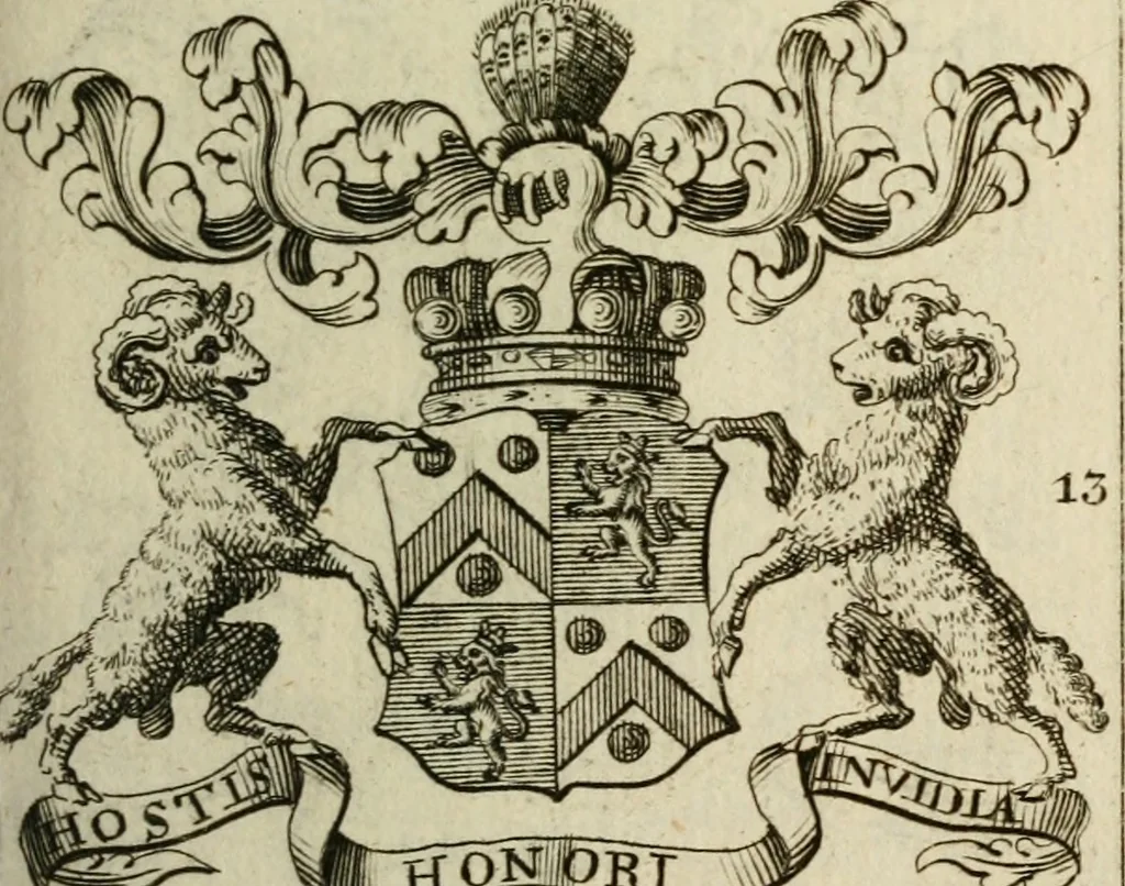 An illustration from The Irish compendium; or, Rudiments of honour. Containing the descents, marriages, issue, titles, posts, and seats of all the nobility of Ireland; with their arms, crests, supporters, mottos and Parliament robes ... Also a supplement, shewing the antiquity, dignity, and use of armories .., 1745, leaf 88