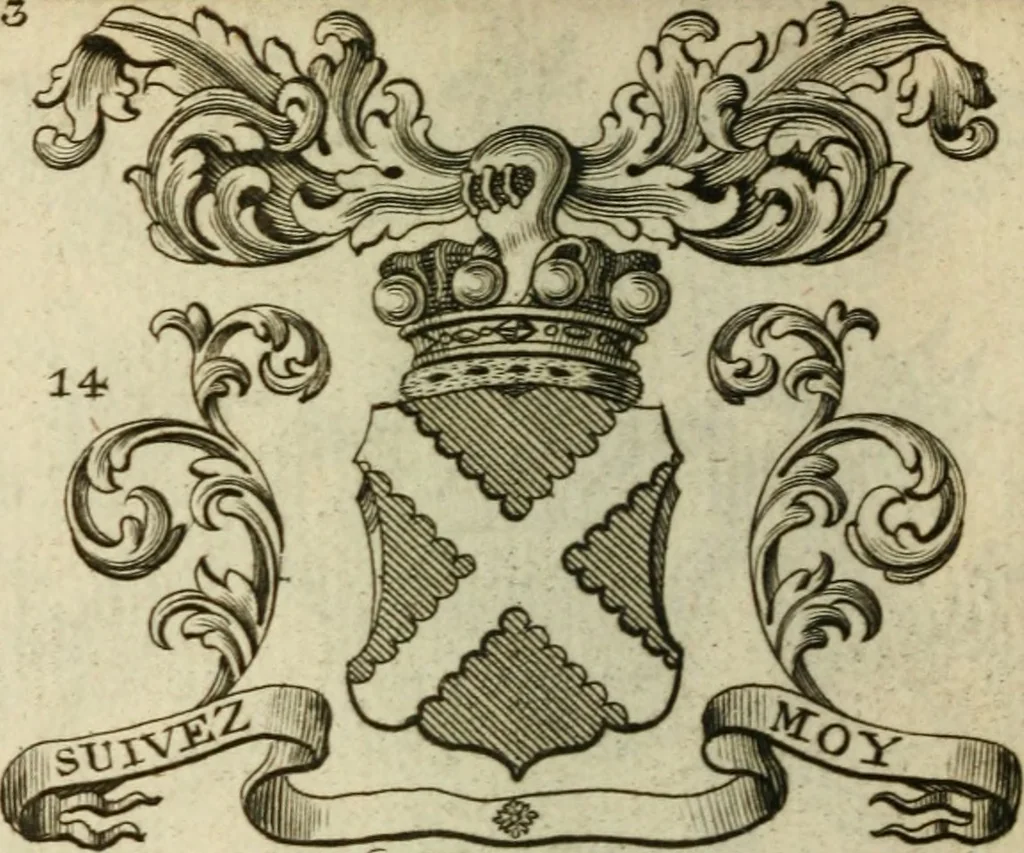 An illustration from The Irish compendium; or, Rudiments of honour. Containing the descents, marriages, issue, titles, posts, and seats of all the nobility of Ireland; with their arms, crests, supporters, mottos and Parliament robes ... Also a supplement, shewing the antiquity, dignity, and use of armories .., 1745, leaf 89