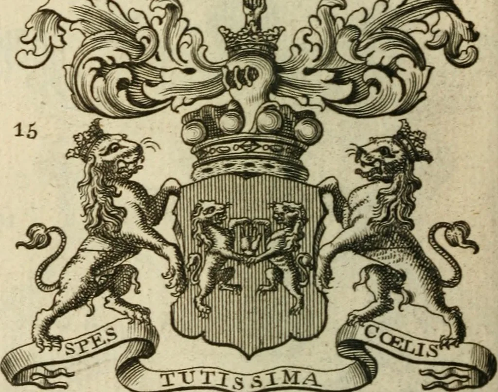 An illustration from The Irish compendium; or, Rudiments of honour. Containing the descents, marriages, issue, titles, posts, and seats of all the nobility of Ireland; with their arms, crests, supporters, mottos and Parliament robes ... Also a supplement, shewing the antiquity, dignity, and use of armories .., 1745, leaf 89