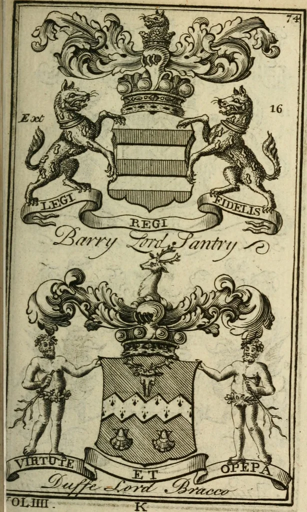 An illustration from The Irish compendium; or, Rudiments of honour. Containing the descents, marriages, issue, titles, posts, and seats of all the nobility of Ireland; with their arms, crests, supporters, mottos and Parliament robes ... Also a supplement, shewing the antiquity, dignity, and use of armories .., 1745, leaf 90