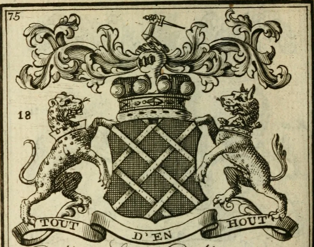 An illustration from The Irish compendium; or, Rudiments of honour. Containing the descents, marriages, issue, titles, posts, and seats of all the nobility of Ireland; with their arms, crests, supporters, mottos and Parliament robes ... Also a supplement, shewing the antiquity, dignity, and use of armories .., 1745, leaf 91