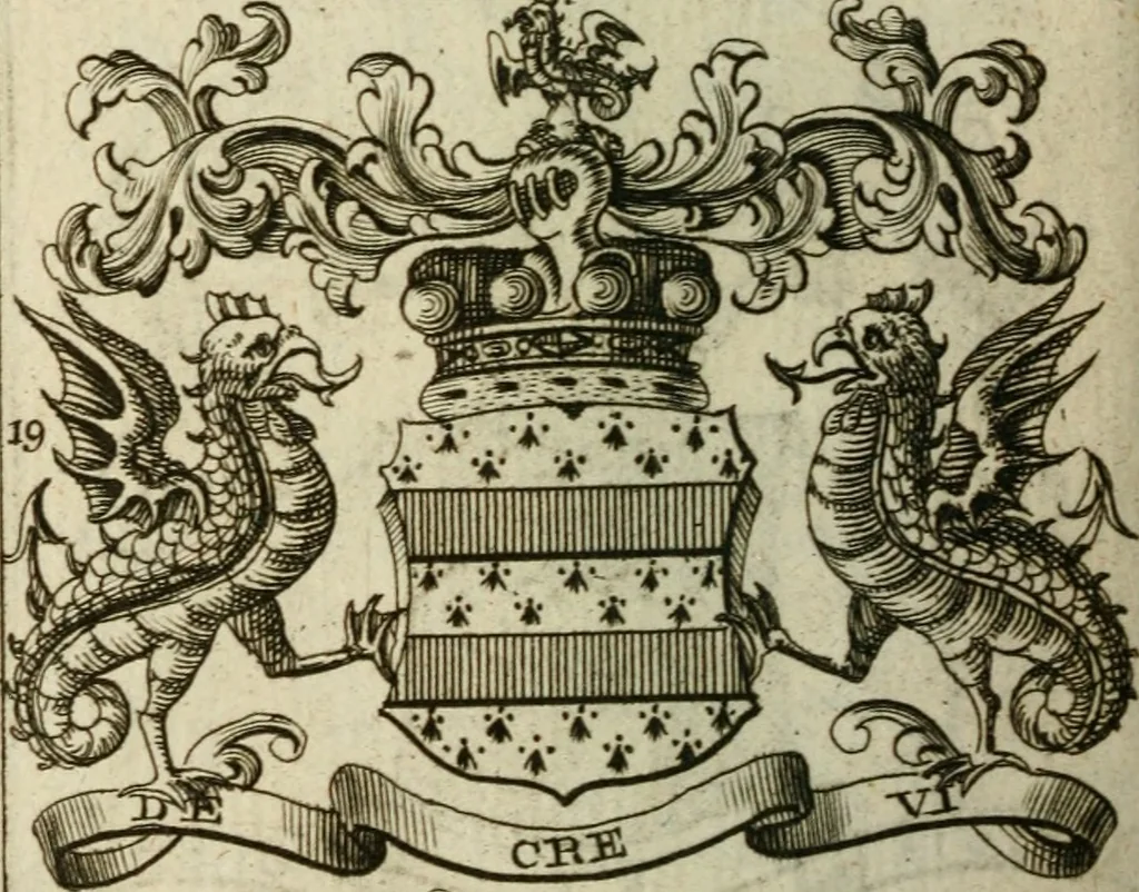 An illustration from The Irish compendium; or, Rudiments of honour. Containing the descents, marriages, issue, titles, posts, and seats of all the nobility of Ireland; with their arms, crests, supporters, mottos and Parliament robes ... Also a supplement, shewing the antiquity, dignity, and use of armories .., 1745, leaf 91