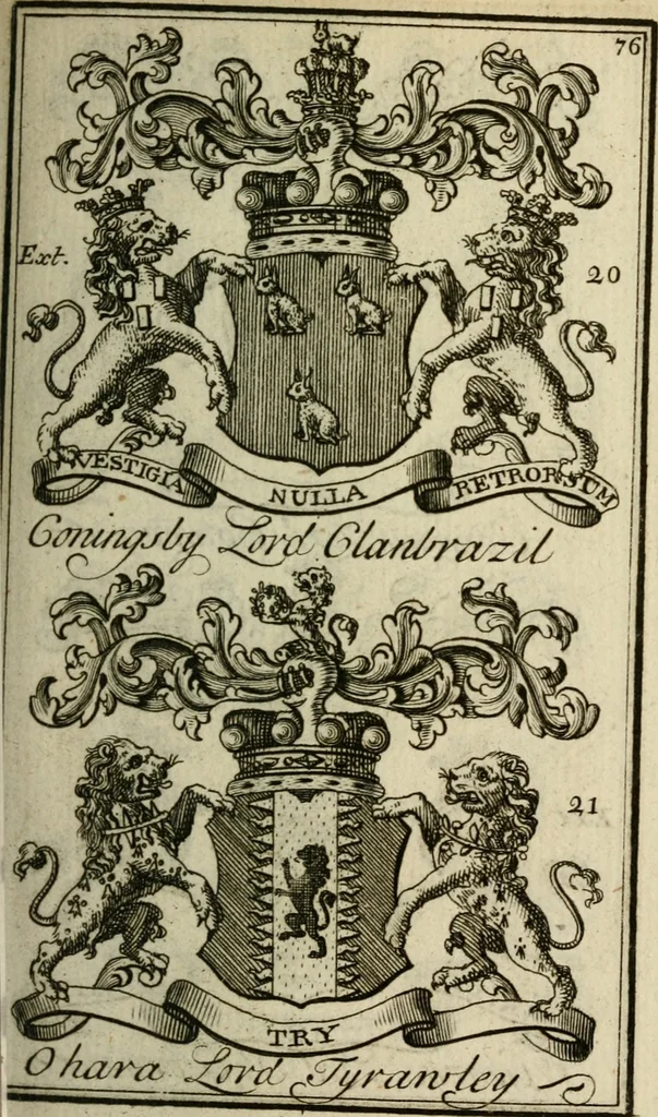 An illustration from The Irish compendium; or, Rudiments of honour. Containing the descents, marriages, issue, titles, posts, and seats of all the nobility of Ireland; with their arms, crests, supporters, mottos and Parliament robes ... Also a supplement, shewing the antiquity, dignity, and use of armories .., 1745, leaf 92