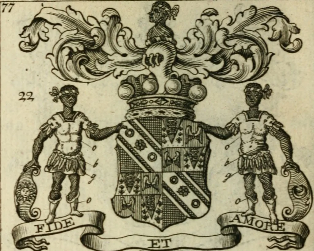 An illustration from The Irish compendium; or, Rudiments of honour. Containing the descents, marriages, issue, titles, posts, and seats of all the nobility of Ireland; with their arms, crests, supporters, mottos and Parliament robes ... Also a supplement, shewing the antiquity, dignity, and use of armories .., 1745, leaf 93