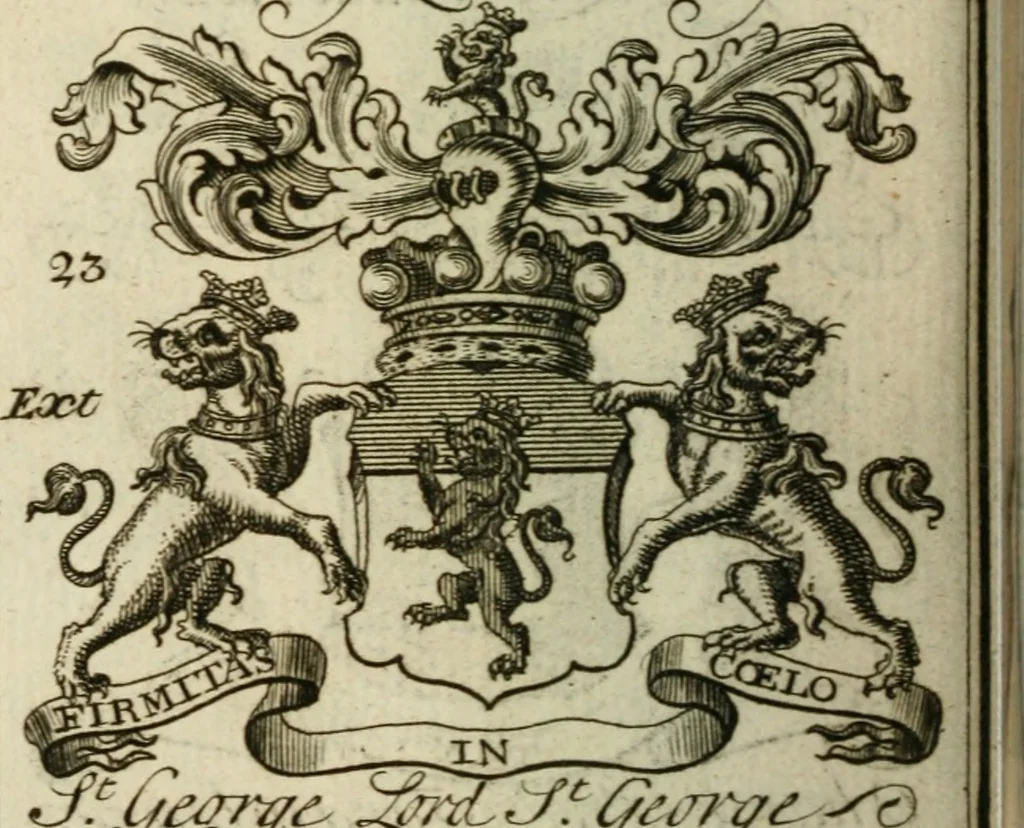 An illustration from The Irish compendium; or, Rudiments of honour. Containing the descents, marriages, issue, titles, posts, and seats of all the nobility of Ireland; with their arms, crests, supporters, mottos and Parliament robes ... Also a supplement, shewing the antiquity, dignity, and use of armories .., 1745, leaf 93