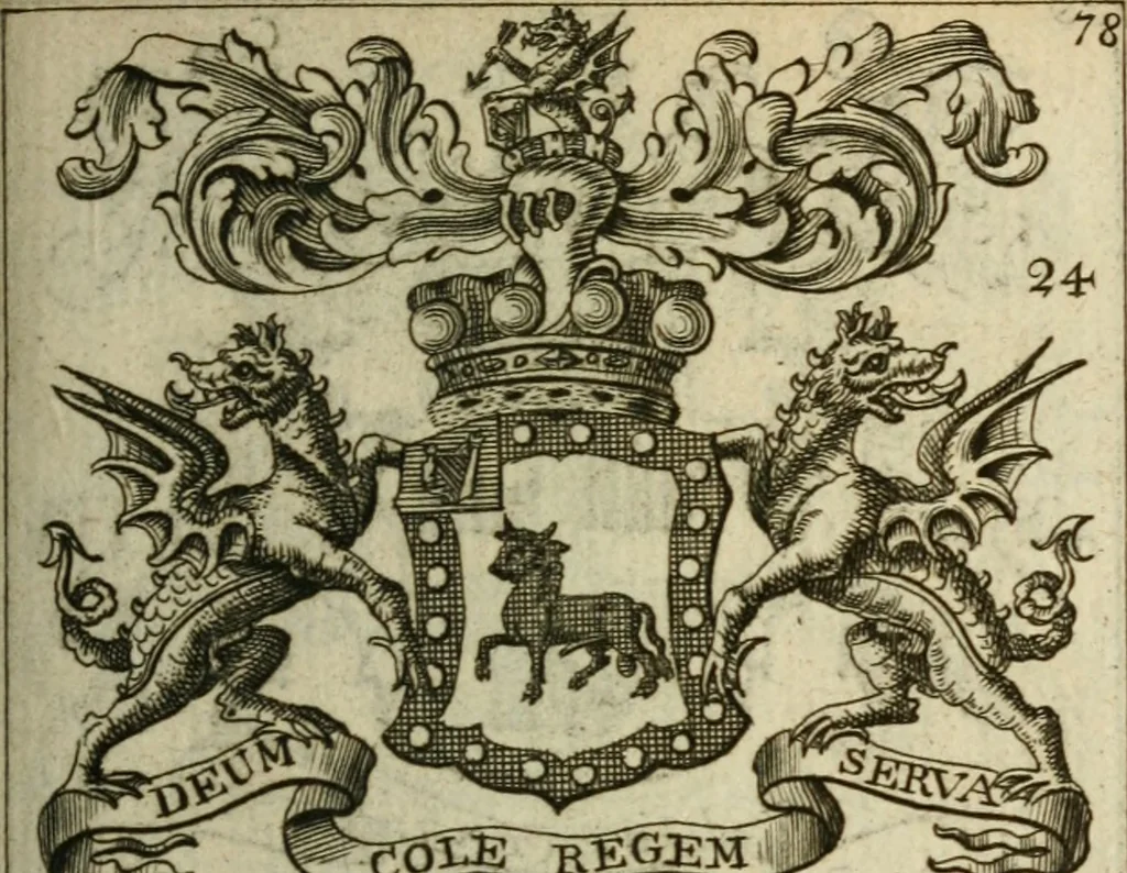 An illustration from The Irish compendium; or, Rudiments of honour. Containing the descents, marriages, issue, titles, posts, and seats of all the nobility of Ireland; with their arms, crests, supporters, mottos and Parliament robes ... Also a supplement, shewing the antiquity, dignity, and use of armories .., 1745, leaf 94