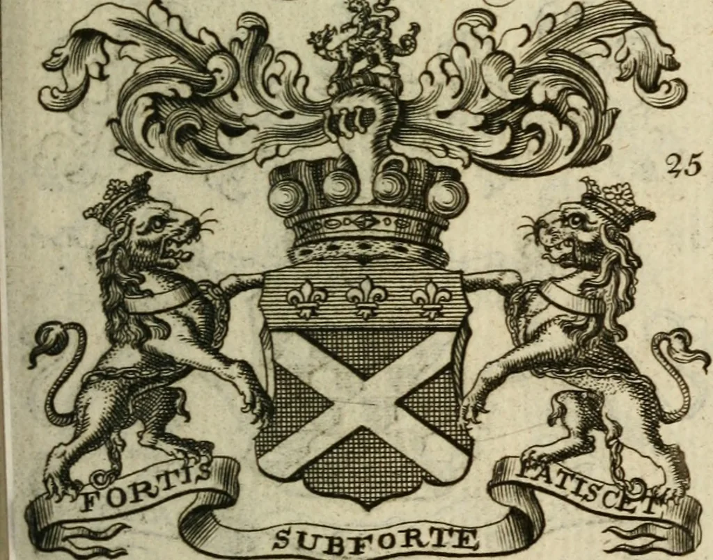 An illustration from The Irish compendium; or, Rudiments of honour. Containing the descents, marriages, issue, titles, posts, and seats of all the nobility of Ireland; with their arms, crests, supporters, mottos and Parliament robes ... Also a supplement, shewing the antiquity, dignity, and use of armories .., 1745, leaf 94