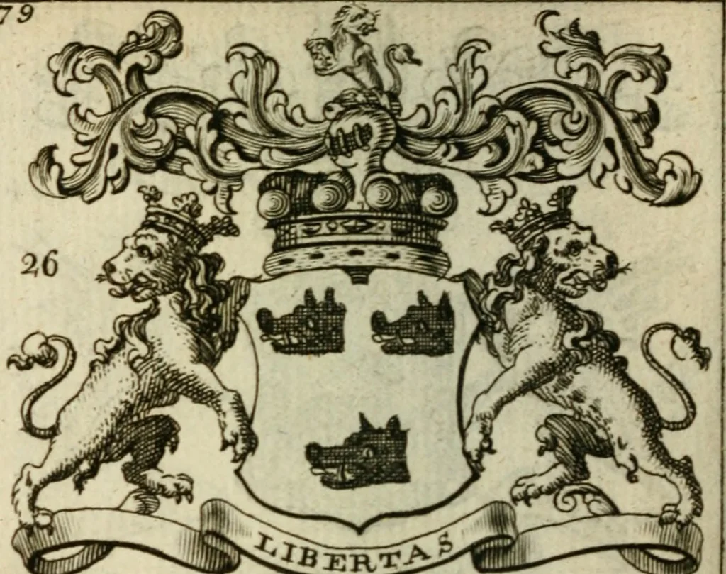 An illustration from The Irish compendium; or, Rudiments of honour. Containing the descents, marriages, issue, titles, posts, and seats of all the nobility of Ireland; with their arms, crests, supporters, mottos and Parliament robes ... Also a supplement, shewing the antiquity, dignity, and use of armories .., 1745, leaf 95