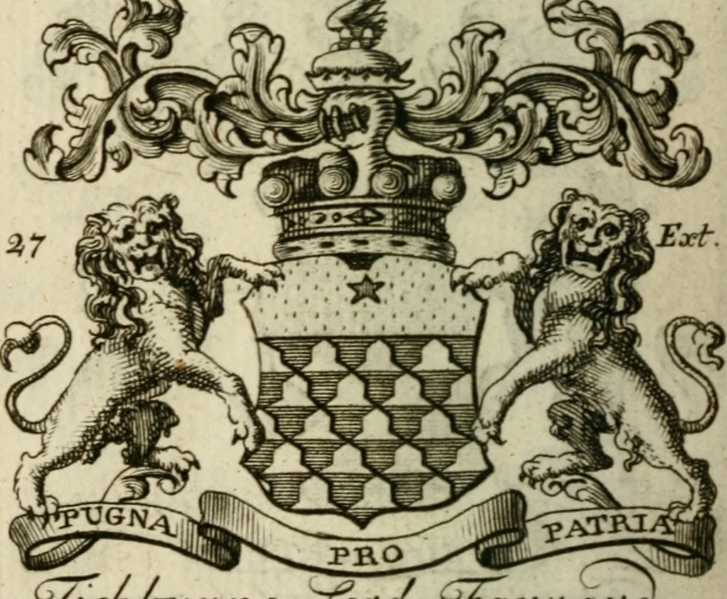 An illustration from The Irish compendium; or, Rudiments of honour. Containing the descents, marriages, issue, titles, posts, and seats of all the nobility of Ireland; with their arms, crests, supporters, mottos and Parliament robes ... Also a supplement, shewing the antiquity, dignity, and use of armories .., 1745, leaf 95