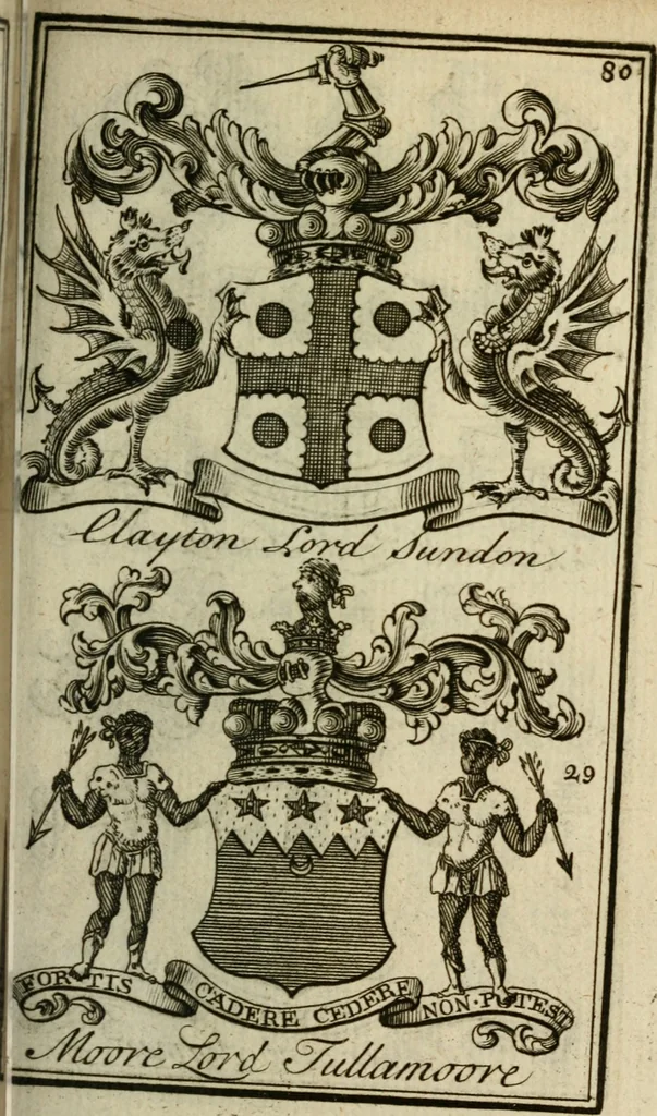 An illustration from The Irish compendium; or, Rudiments of honour. Containing the descents, marriages, issue, titles, posts, and seats of all the nobility of Ireland; with their arms, crests, supporters, mottos and Parliament robes ... Also a supplement, shewing the antiquity, dignity, and use of armories .., 1745, leaf 96