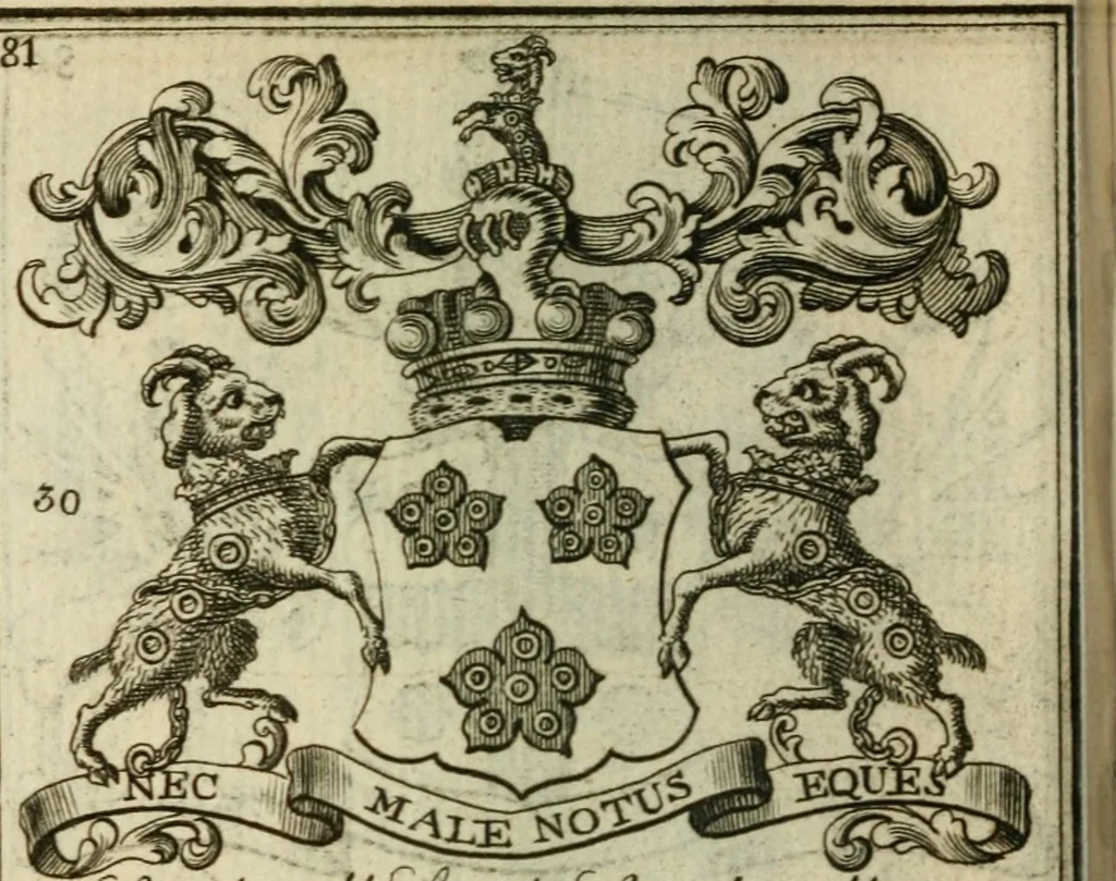 An illustration from The Irish compendium; or, Rudiments of honour. Containing the descents, marriages, issue, titles, posts, and seats of all the nobility of Ireland; with their arms, crests, supporters, mottos and Parliament robes ... Also a supplement, shewing the antiquity, dignity, and use of armories .., 1745, leaf 97