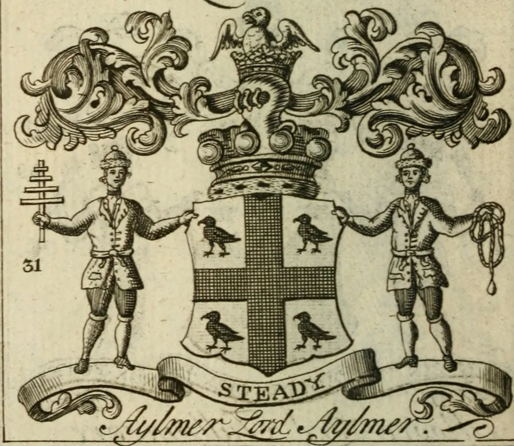 An illustration from The Irish compendium; or, Rudiments of honour. Containing the descents, marriages, issue, titles, posts, and seats of all the nobility of Ireland; with their arms, crests, supporters, mottos and Parliament robes ... Also a supplement, shewing the antiquity, dignity, and use of armories .., 1745, leaf 97