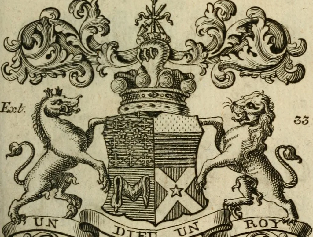 An illustration from The Irish compendium; or, Rudiments of honour. Containing the descents, marriages, issue, titles, posts, and seats of all the nobility of Ireland; with their arms, crests, supporters, mottos and Parliament robes ... Also a supplement, shewing the antiquity, dignity, and use of armories .., 1745, leaf 98