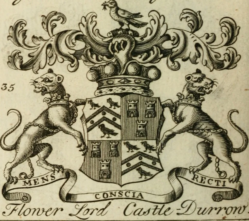 An illustration from The Irish compendium; or, Rudiments of honour. Containing the descents, marriages, issue, titles, posts, and seats of all the nobility of Ireland; with their arms, crests, supporters, mottos and Parliament robes ... Also a supplement, shewing the antiquity, dignity, and use of armories .., 1745, leaf 99