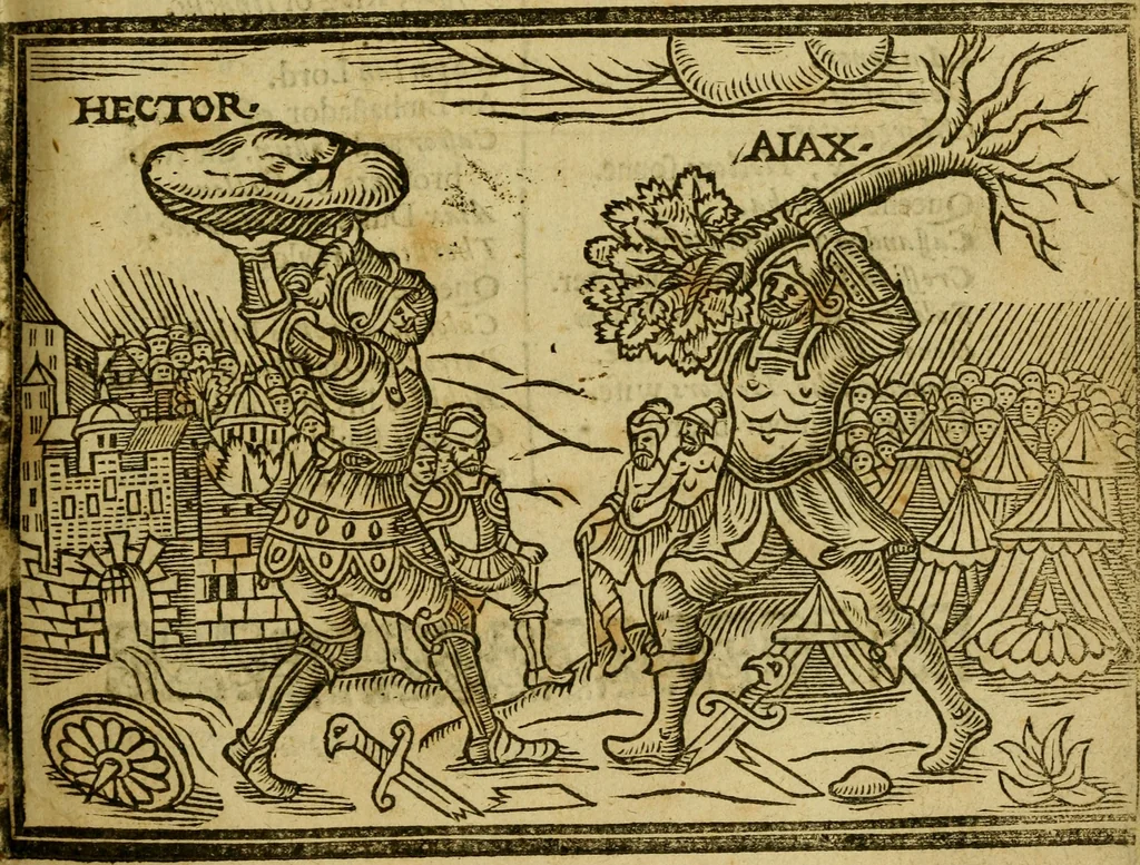 An illustration from The Iron Age : contayning the Rape of Hellen: The siege of Troy: The combate betwixt Hector and Aiax: Hector and Troilus slayne by Achilles: Achilles slaine by Paris: Aiax and Vlisses contend for the Armour of Achilles: The Death of Aiax, &c., 1632, leaf 6
