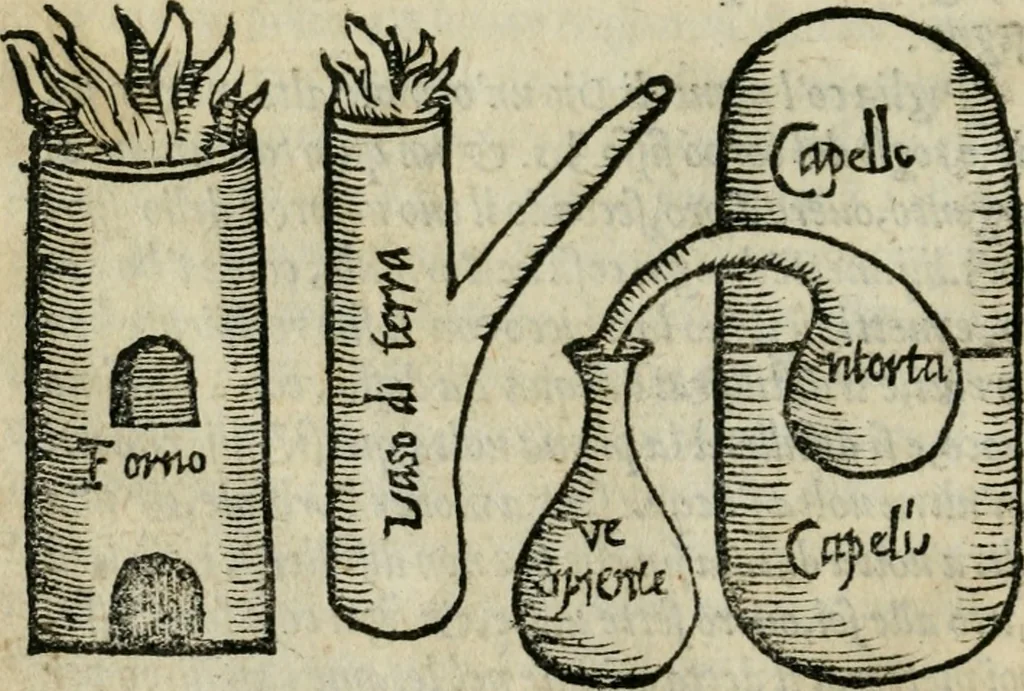 An illustration from I secreti de la signora Isabella Cortese : ne'qvali si contengono cose minerali, medicinali, arteficiose, & alchimiche, & molte de l'arte profumatoria, appartenenti a ogni gran signora : con altri bellissimi secreti aggiunti, 1565, leaf 47