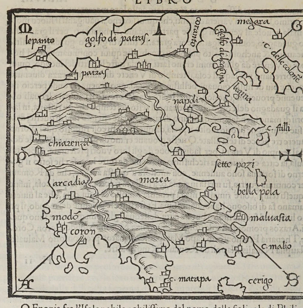 An illustration from Isolario di Benedetto Bordone nel qual si ragiona di tutte l'isole del mondo, con li lor nomi antichi & moderni, historie, fauole, & modi del loro viuere, & in qual parte del mare stanno, & in qual parallelo & clima giaciono, 1547, leaf 100