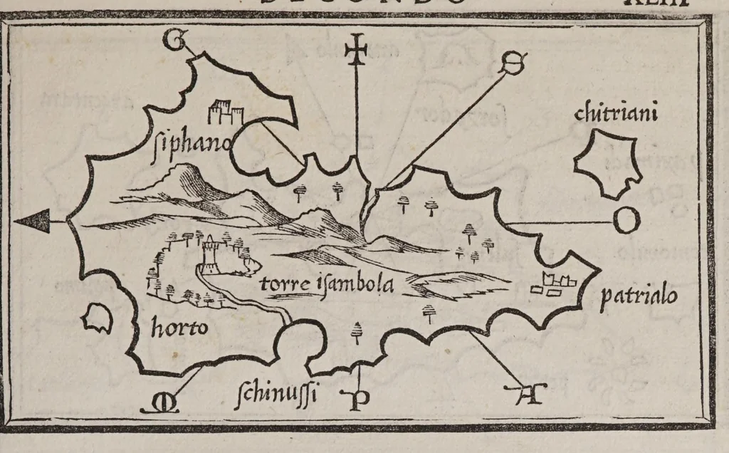 An illustration from Isolario di Benedetto Bordone nel qual si ragiona di tutte l'isole del mondo, con li lor nomi antichi & moderni, historie, fauole, & modi del loro viuere, & in qual parte del mare stanno, & in qual parallelo & clima giaciono, 1547, leaf 109