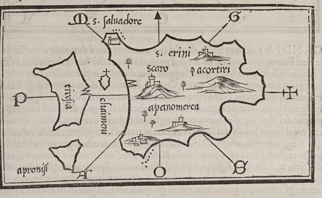 An illustration from Isolario di Benedetto Bordone nel qual si ragiona di tutte l'isole del mondo, con li lor nomi antichi & moderni, historie, fauole, & modi del loro viuere, & in qual parte del mare stanno, & in qual parallelo & clima giaciono, 1547, leaf 119