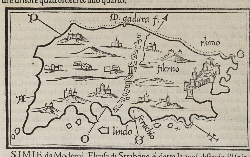 An illustration from Isolario di Benedetto Bordone nel qual si ragiona di tutte l'isole del mondo, con li lor nomi antichi & moderni, historie, fauole, & modi del loro viuere, & in qual parte del mare stanno, & in qual parallelo & clima giaciono, 1547, leaf 128
