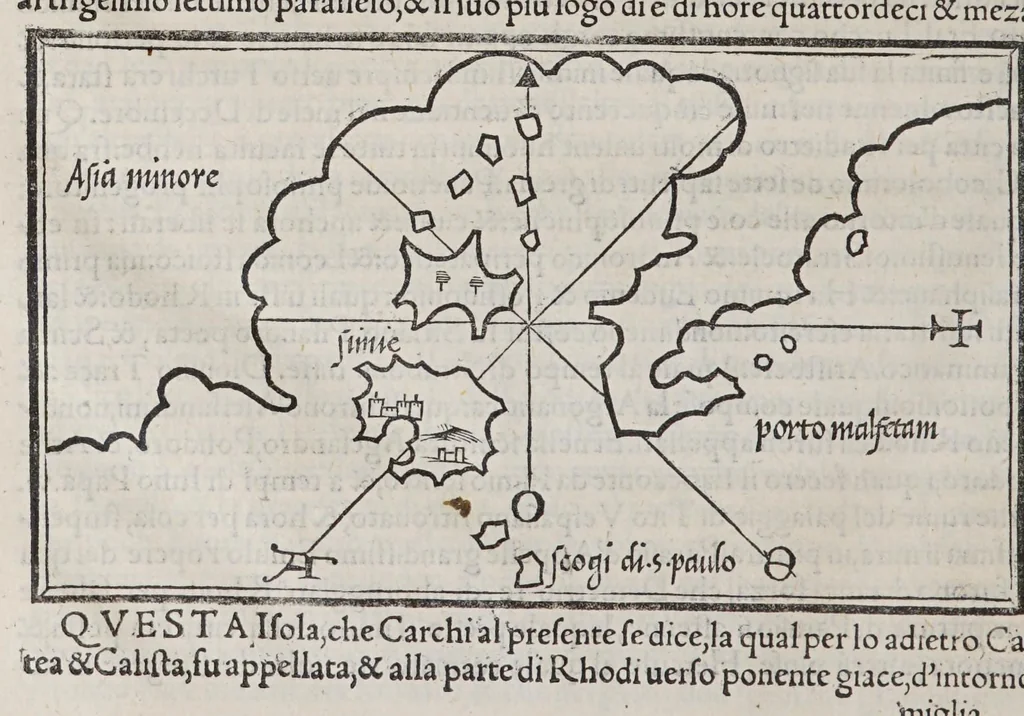 An illustration from Isolario di Benedetto Bordone nel qual si ragiona di tutte l'isole del mondo, con li lor nomi antichi & moderni, historie, fauole, & modi del loro viuere, & in qual parte del mare stanno, & in qual parallelo & clima giaciono, 1547, leaf 128