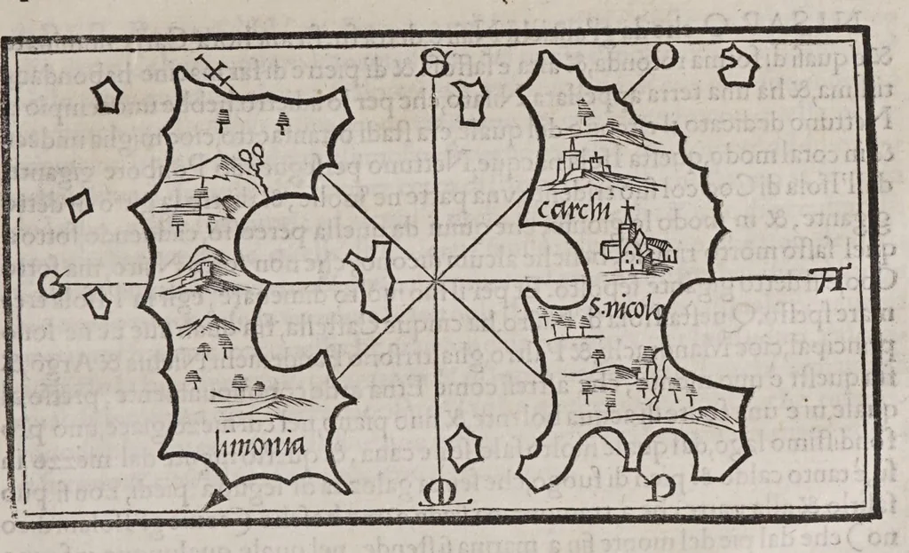 An illustration from Isolario di Benedetto Bordone nel qual si ragiona di tutte l'isole del mondo, con li lor nomi antichi & moderni, historie, fauole, & modi del loro viuere, & in qual parte del mare stanno, & in qual parallelo & clima giaciono, 1547, leaf 129