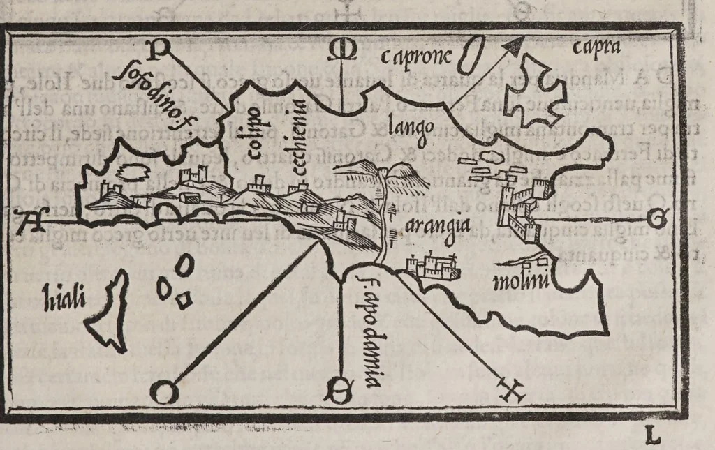 An illustration from Isolario di Benedetto Bordone nel qual si ragiona di tutte l'isole del mondo, con li lor nomi antichi & moderni, historie, fauole, & modi del loro viuere, & in qual parte del mare stanno, & in qual parallelo & clima giaciono, 1547, leaf 133