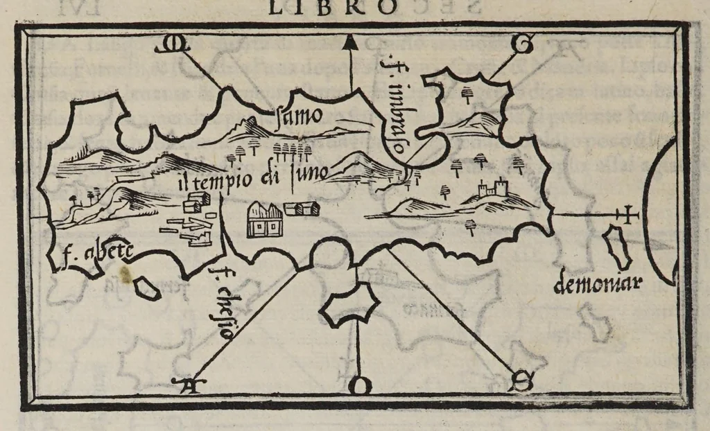 An illustration from Isolario di Benedetto Bordone nel qual si ragiona di tutte l'isole del mondo, con li lor nomi antichi & moderni, historie, fauole, & modi del loro viuere, & in qual parte del mare stanno, & in qual parallelo & clima giaciono, 1547, leaf 136