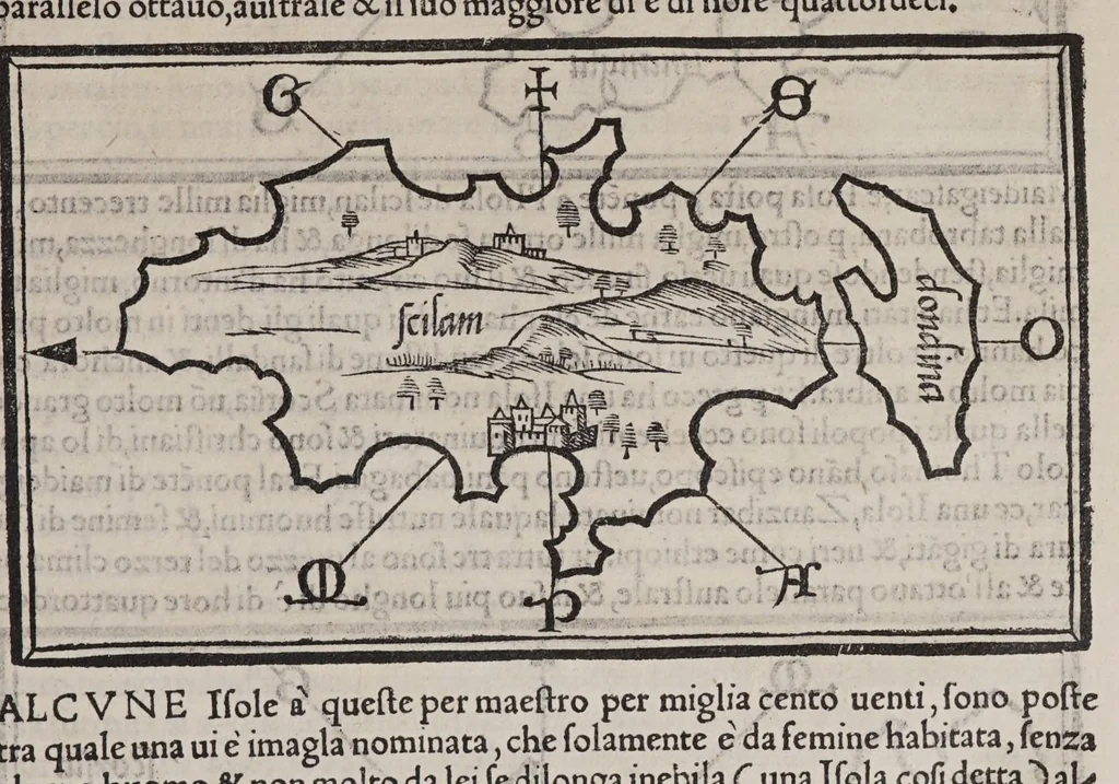 An illustration from Isolario di Benedetto Bordone nel qual si ragiona di tutte l'isole del mondo, con li lor nomi antichi & moderni, historie, fauole, & modi del loro viuere, & in qual parte del mare stanno, & in qual parallelo & clima giaciono, 1547, leaf 163