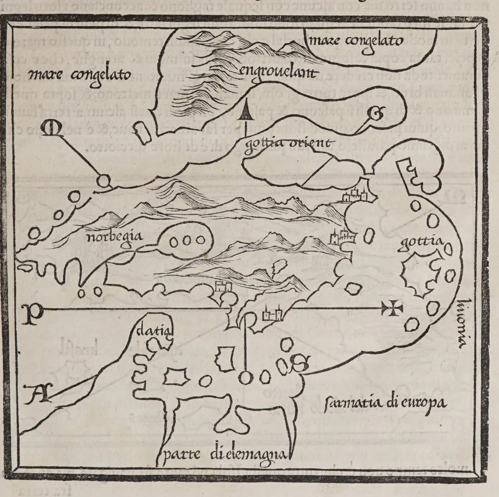 An illustration from Isolario di Benedetto Bordone nel qual si ragiona di tutte l'isole del mondo, con li lor nomi antichi & moderni, historie, fauole, & modi del loro viuere, & in qual parte del mare stanno, & in qual parallelo & clima giaciono, 1547, leaf 35
