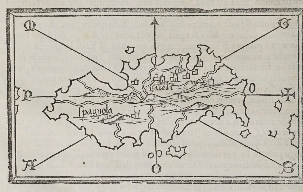 An illustration from Isolario di Benedetto Bordone nel qual si ragiona di tutte l'isole del mondo, con li lor nomi antichi & moderni, historie, fauole, & modi del loro viuere, & in qual parte del mare stanno, & in qual parallelo & clima giaciono, 1547, leaf 48