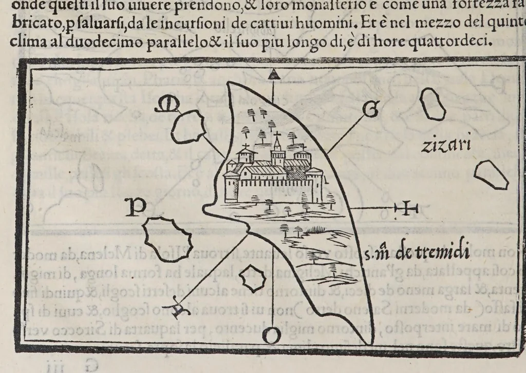 An illustration from Isolario di Benedetto Bordone nel qual si ragiona di tutte l'isole del mondo, con li lor nomi antichi & moderni, historie, fauole, & modi del loro viuere, & in qual parte del mare stanno, & in qual parallelo & clima giaciono, 1547, leaf 90