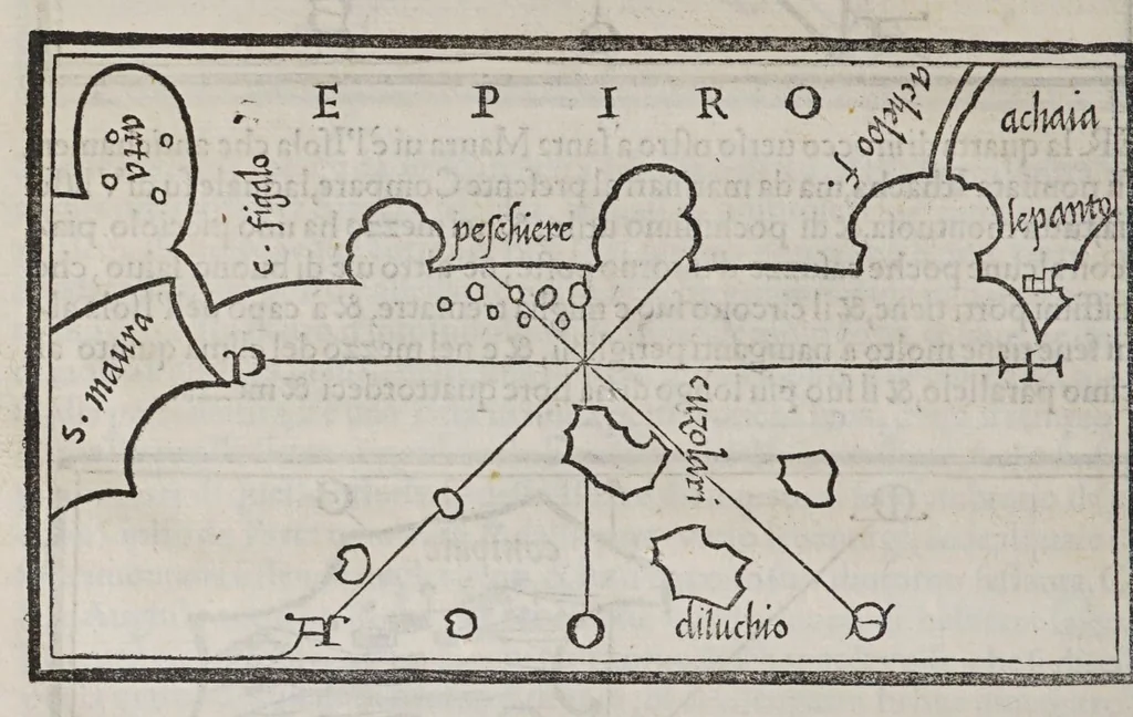 An illustration from Isolario di Benedetto Bordone nel qual si ragiona di tutte l'isole del mondo, con li lor nomi antichi & moderni, historie, fauole, & modi del loro viuere, & in qual parte del mare stanno, & in qual parallelo & clima giaciono, 1547, leaf 94