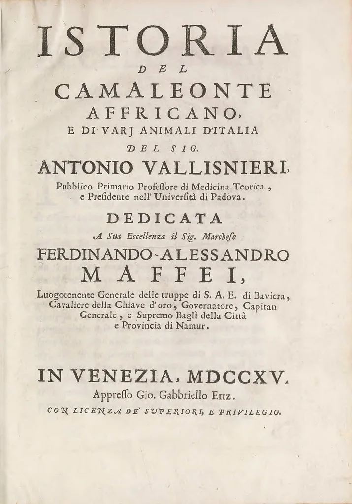 An illustration from Istoria del camaleonte affricano, e di varj animali d'Italia, 1715, leaf 9