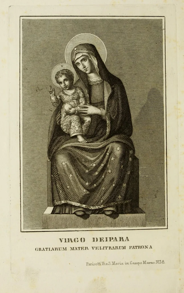 An illustration from Istoria del santuario della Beatissima Vergine delle Grazie che si venera nella SS. Basilica Cattedrale di Veletri : scritta da un religioso della Compagnia di Gesù, 1855, leaf 6