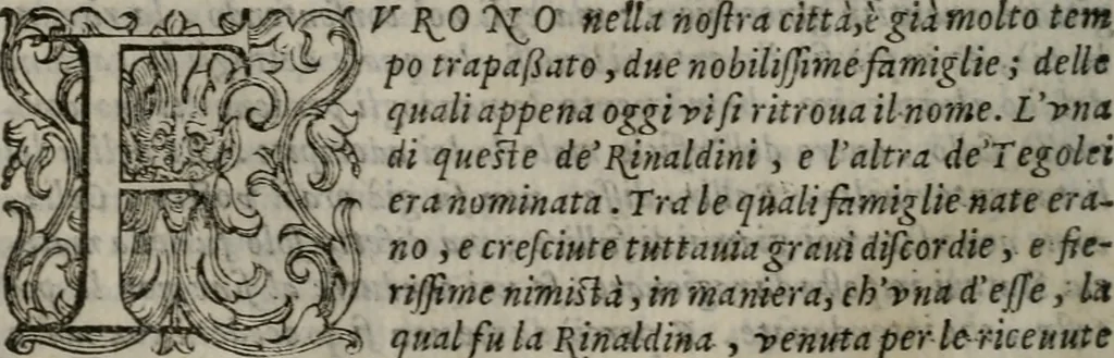 An illustration from I trattenimenti di Scipion Bargagli : dove da vaghe donne e da giovani huomini rappresentati sono honesti e dilettevoli giuochi, narrate novelle, e cantate alcune amorose canzonette : con due copiose tavole, una de' principali titoli & l'altra delle cose notabili, 1591, leaf 103