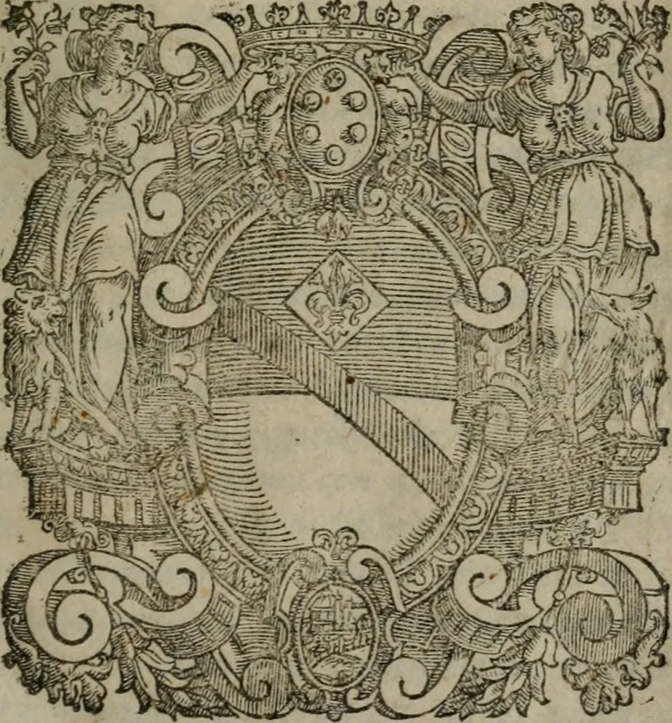 An illustration from I trattenimenti di Scipion Bargagli : dove da vaghe donne e da giovani huomini rappresentati sono honesti e dilettevoli giuochi, narrate novelle, e cantate alcune amorose canzonette : con due copiose tavole, una de' principali titoli & l'altra delle cose notabili, 1591, leaf 2